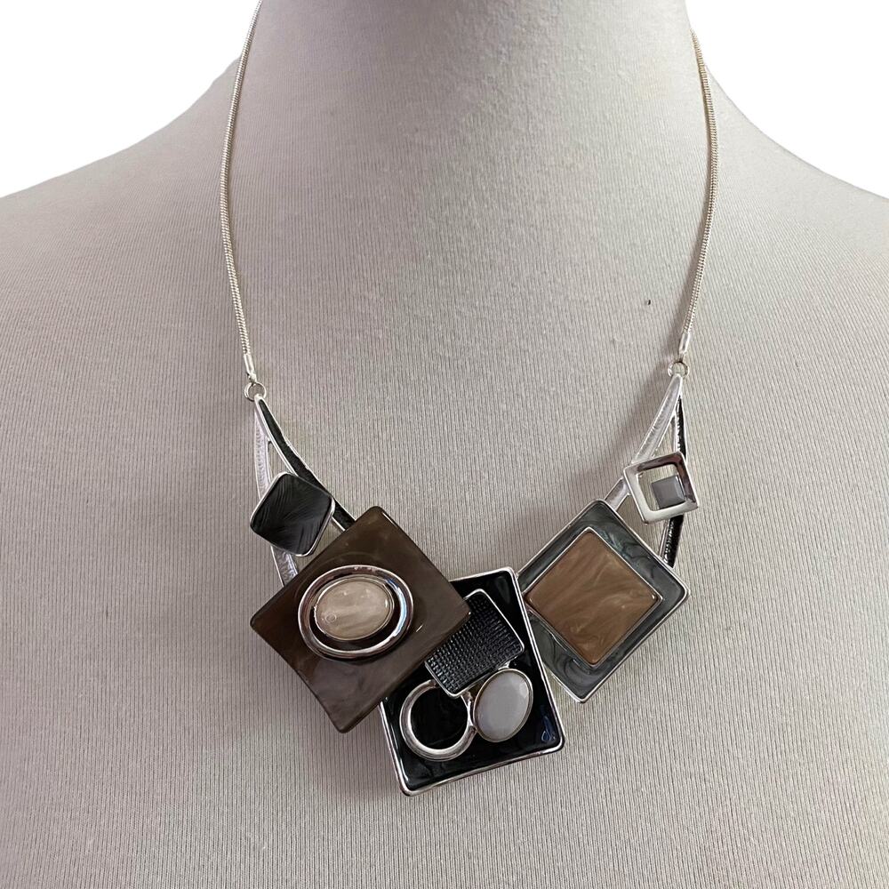 Chunky Statement Bib Necklace Brown Grey Silver Geometric Resin 17-20" Art Boho - Picture 2 of 14